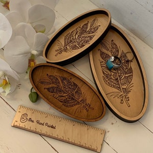 Laser Engraved Wood Boho Feather Oval Shaped Trinket Tray - Valet Tray / Ring Dish