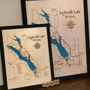 Mapa del lago de madera grabada cortada con láser - Mapa del lago Saylorville - Des Moines Iowa - Recorte del marco
