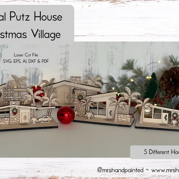 Laser Cut File - Tropical Retro Putz Houses Christmas Village - Digital Download Mid Century Modern Style Decor