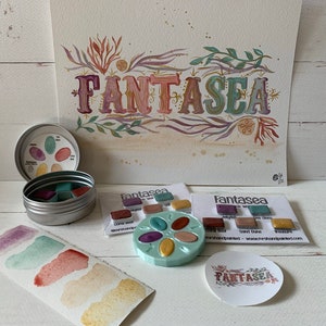 Handmade Watercolor Paints - FANTASEA - Artisan Paint Palette, Set of 5 Watercolors, 4 Matte, 1 Shimmer Color