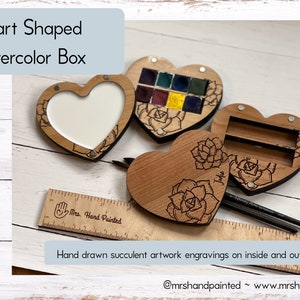 Heart Shaped with Succulents Engraved Wood Watercolor Box with Personalization