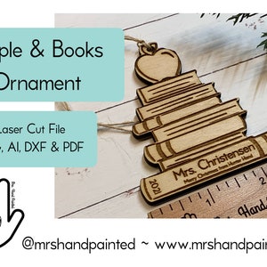 Digital Cut File - Laser Cut Wood Book Stack with an Apple Ornament - Personalized Teacher Gift, Gift for Librarian or Teacher