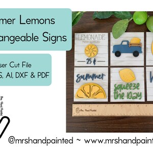 May include: Wooden interchangeable signs with a summer lemon theme. The signs include a lemon, a blue truck, and the words "Summer" and "Hello". The signs are laser cut and include the text "Summer Lemons Interchangeable Signs".