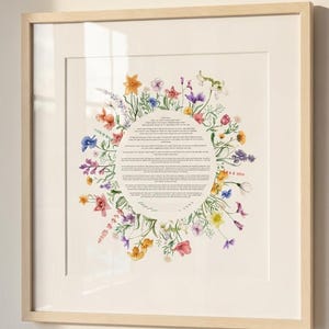 May include: A framed print featuring a floral wreath design. The wreath surrounds a circular text, with a variety of colorful flowers in shades of pink, yellow, blue, and purple. The frame is a light wood color.