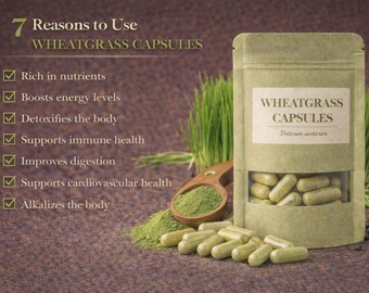 May include: An image showcasing wheatgrass capsules, with a package and capsules in view. The package is labeled "WHEATGRASS CAPSULES" and lists seven benefits. A wooden spoon holds wheatgrass powder, and fresh wheatgrass is in the background.
