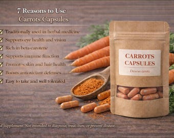 May include: A package of carrot capsules with the text "Carrots Capsules" and "Daucus carots". The image also shows fresh carrots, carrot powder, and a wooden spoon. The text lists 7 reasons to use the capsules.