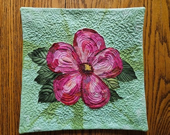 Fabric Collage Hibiscus Art Quilt OOAK  11" x 11" Fiber Wall Art, Ready to Hang Tropical Art Hibiscus FREE SHIPPING!