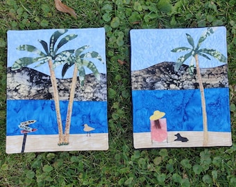 UNDER the PALMS Fiber Wall Art-2 8x10 Tropical Art Mounted on Stretched Canvas Ready to Hang OOAK