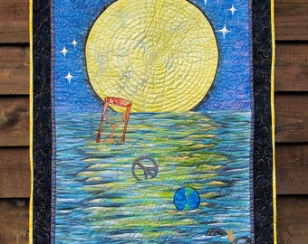 Help Ukraine - Peace Moon Art Quilt Original Fabric Wall Art - #EtsyUkraine UKRAINIAN RED CROSS