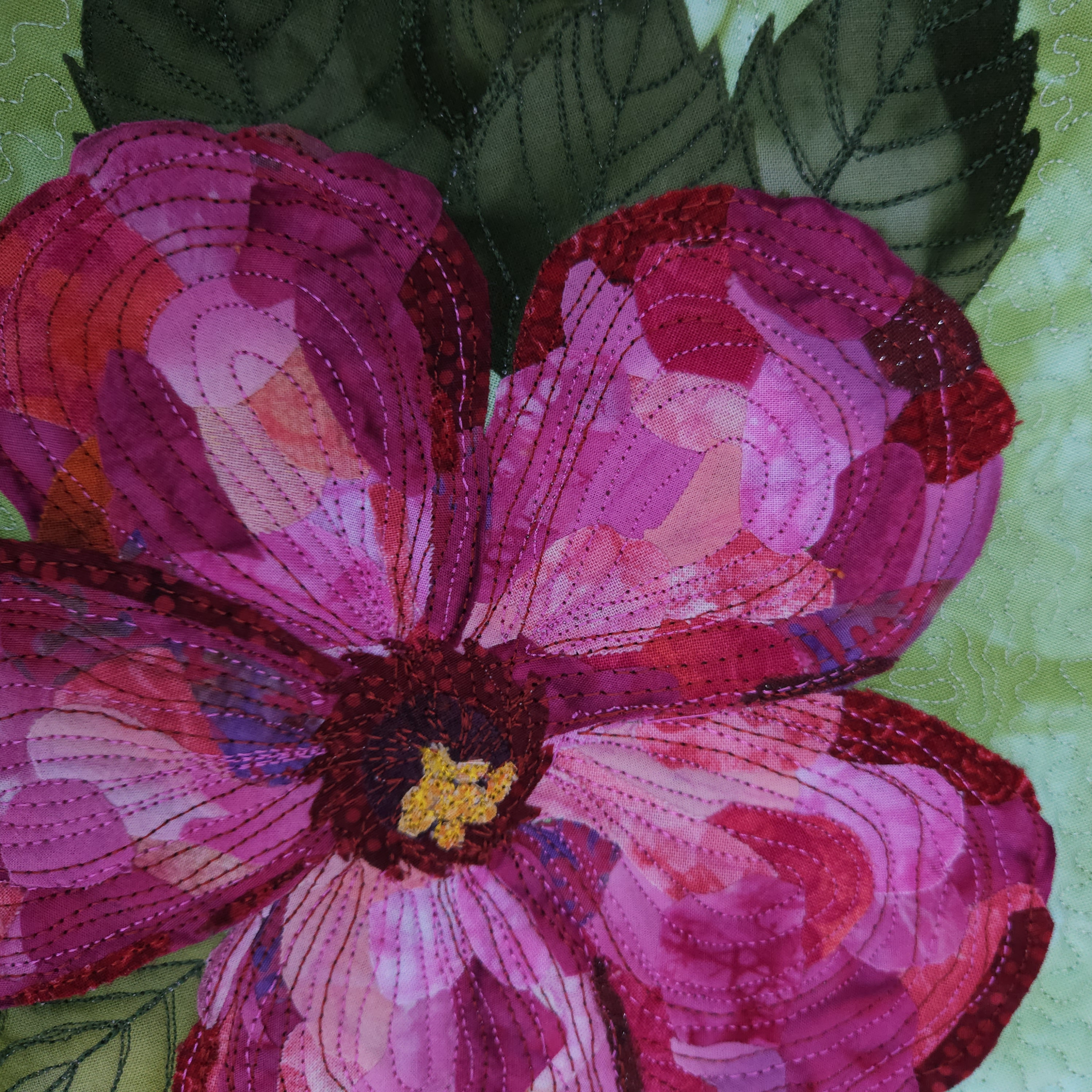 Fabric Collage Hibiscus Art Quilt OOAK 11" x 11" Fiber Wall Art, Ready to Hang Tropical Art Hibiscus FREE SHIPPING!
