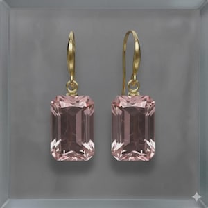 14K Solid Gold Rectangle Rose Quartz Dangle Earrings: Minimalist Pink Gemstone Jewelry