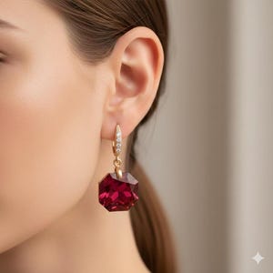 14K Gold Ruby Hexagon Drop Earrings, Lab-Created Diamond Accents