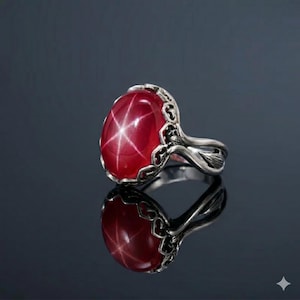 May include: A silver ring featuring a large, oval, star ruby gemstone. The ruby is a deep red color with a six-rayed star pattern. The ring has an ornate, filigree design around the gemstone and on the band.