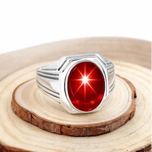 Anello da uomo in argento sterling con rubino a sei raggi e stella, fede nuziale vintage