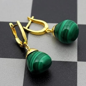 Malachite Earrings Sterling Silver, 14k Gold Fill, Dangling Teardrop Green Gemstone Earrings Handmade Malachite Crystal Jewelry for women