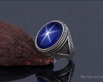 Vintage Blue Star Sapphire: 6 Rays 925 Sterling Sapphire, Oxidised silver Unisex Ring