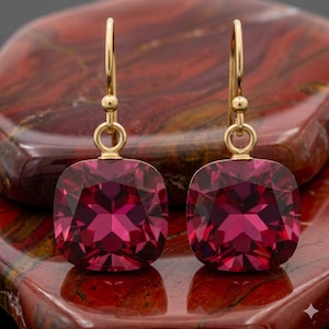 Ruby Red Crystal Earrings, Sterling Silver Gold Hook, July Birthstone