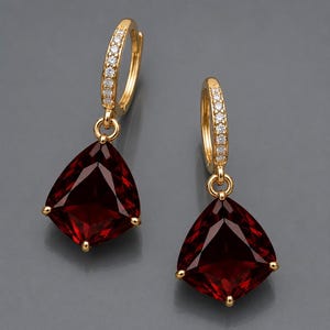 14k Solid Gold Kite Cut Garnet Earrings, January Birthstone Dangle Drop (16x14mm)