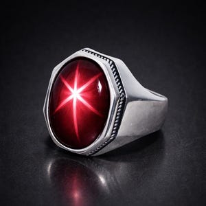 Pode incluir: Anel de prata com uma grande pedra preciosa ovalada, vermelho escuro, com um padrão de estrela de seis pontas. O anel tem uma borda texturizada e uma banda polida, sobre um fundo escuro.