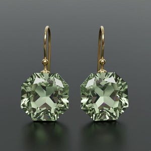 14K Gold Green Amethyst Dangle Earrings: Prasiolite Octagon Cut Jewelry