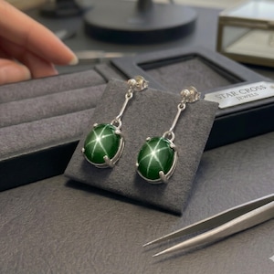 Green Star Sapphire Stud Drops, 925 Sterling Handmade Women's Earrings