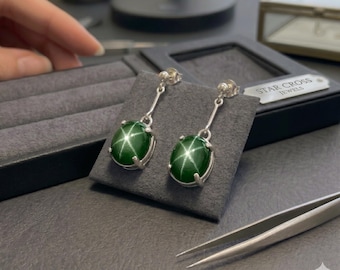 Boucles d'oreilles pour femme en saphir étoilé vert, 925 sterlings faites main pour femme
