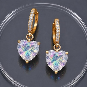 Heart Rainbow Mystic Topaz Earrings, Lab-Created Gemstone, Sterling Silver Hoops