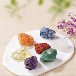 May include: Seven raw chakra stones in various colours, including orange, blue, red, green, yellow, purple, and clear, displayed on a white, organically shaped plate. The stones have different sizes and textures, highlighting their natural variations.