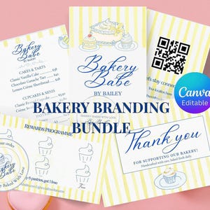 Complete Bakery Branding Bundle Canva Editable Templates, QR Business Card, Loyalty Card, Menu, Thank You Card, Sticker,Blue Yellow Coquette