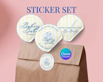 Editable bakery stickers set of 3 printable packaging stickers DIY circle labels Canva Template customizable thank you box seal stickers