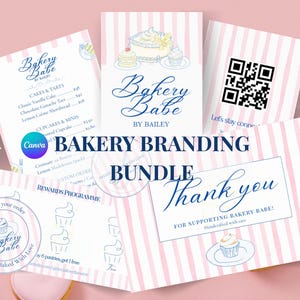 Puede incluir: Un paquete de branding para panadería con diseño de rayas rosas y blancas. Incluye un menú, una tarjeta de agradecimiento, un programa de recompensas y una tarjeta con un código QR. El logo 'Bakery Babe' está presente.