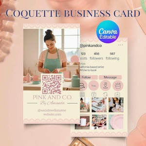Instagram名刺 カスタマイズ可能なIGプロフィール QRコード付き（DIY Canva編集可能デジタルテンプレート） レトロパステルピンクのコケット名刺