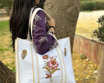 Handmade Block Print Quilted Tote Bag, Floral Patchwork Cotton