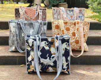 Handmade Block Print Quilted Tote Bag, Boho Floral Patchwork