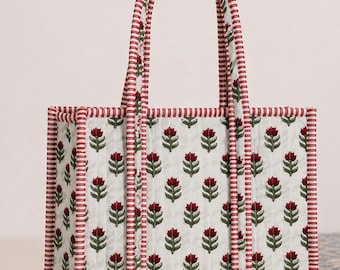 Mini sac fourre-tout en coton matelassé fait main, sac à lunch imprimé bloc
