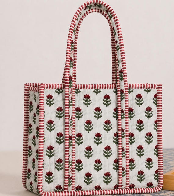 Handmade Quilted Cotton Mini Tote Bag, Block Printed Lunch Bag