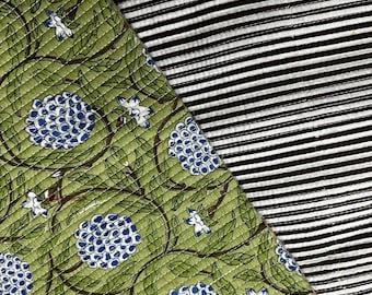 Reversible Quilted Cotton Fabric – Floral Green, Pink Flowers, Blue Stripe Hearts – Sewing Quilts