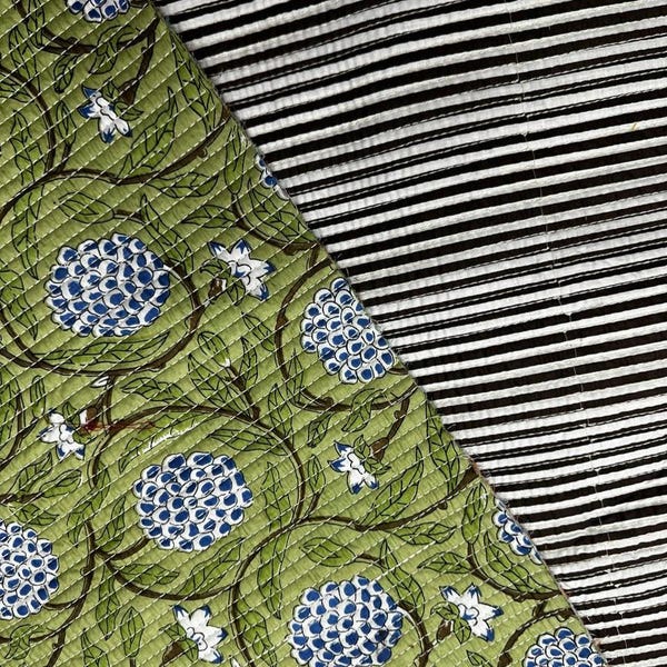 Reversible Quilted Cotton Fabric – Floral Green, Pink Flowers, Blue Stripe Hearts – Sewing Quilts