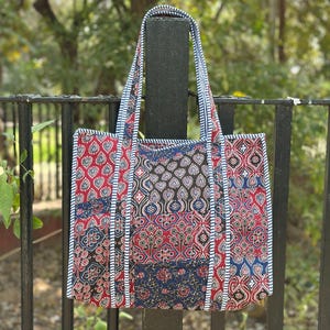 Hand Block Print Cotton Tote Bag – Large Quilted Patchwork Boho Travel Bag