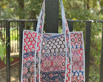 Hand Block Print Cotton Tote Bag – Large Quilted Patchwork Boho Travel Bag