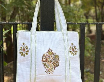 Handmade Block Print Quilted Tote Bag, Floral Patchwork Cotton