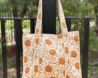 Handmade Block Print Cotton Quilted Tote Bag, Large Floral Travel Weekender