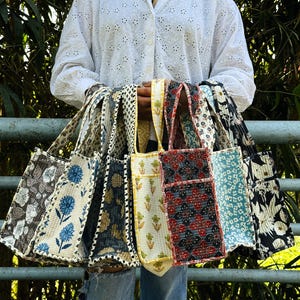 Handmade Quilted Cotton Mini Tote: Floral Block Print Lunch Bag