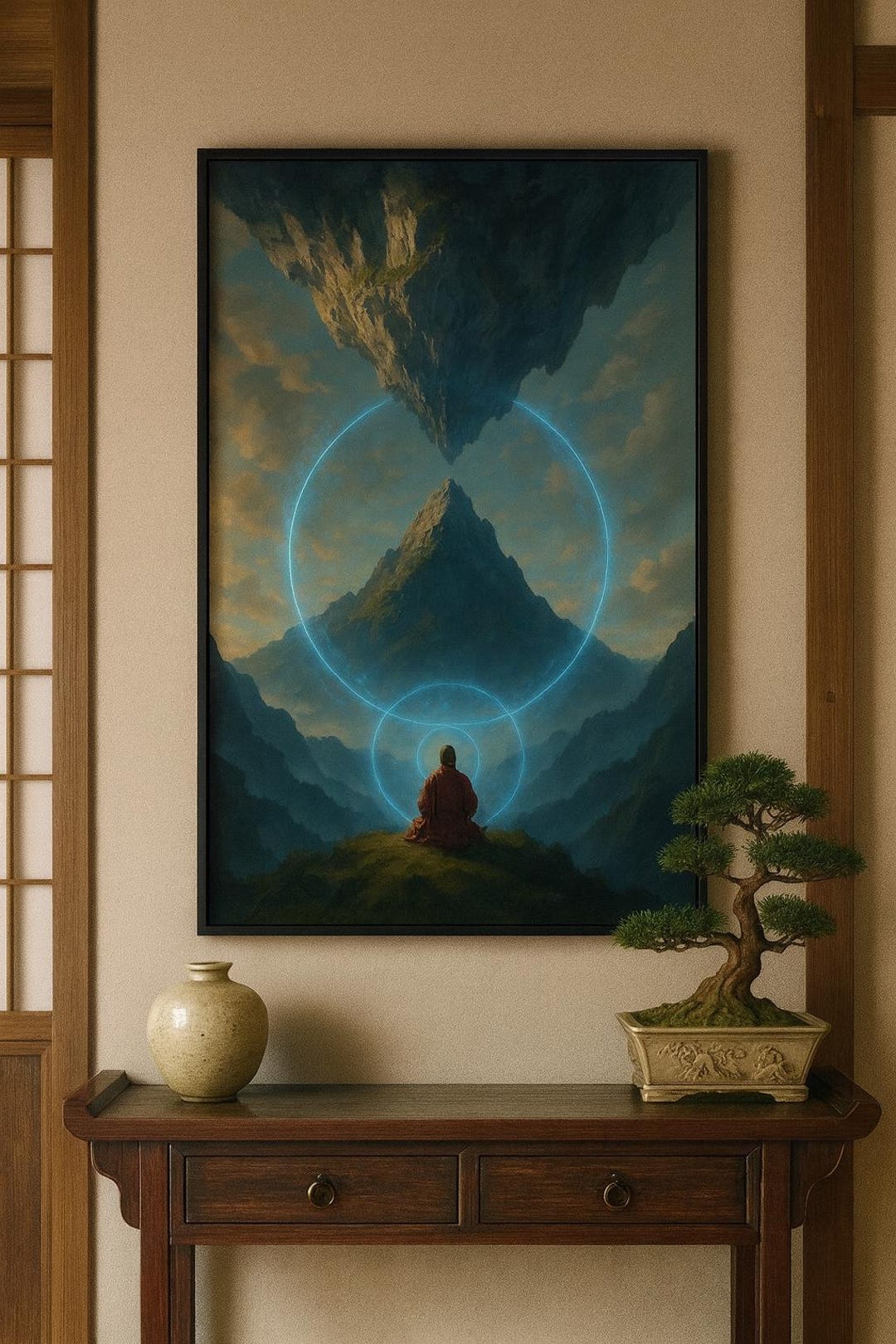 Inverted Mountain Zen Monk Art Print | Floating Mountain Fantasy Wall ...