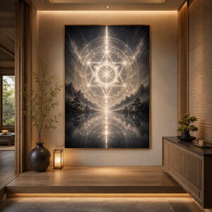 May include: A large framed artwork with a geometric design and a landscape scene. The artwork features a central star-like pattern with radiating light, set against a dark background. The scene includes a mirrored landscape with trees and water, creating a symmetrical effect.