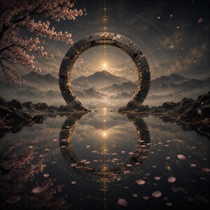 May include: A large, weathered stone ring stands centered above a calm body of water, framing a distant mountain peak under a glowing sun. Pink cherry blossom branches extend from the left, with petals scattered across the dark, reflective surface.