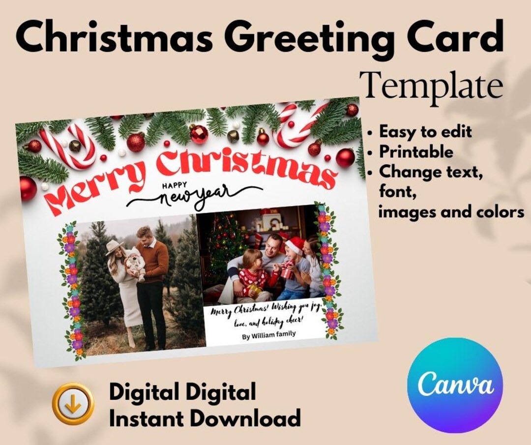 Editable Merry Christmas Greeting Card Template, Canva Holiday Card ...