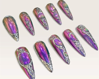 Galaxy Chrome Purple Press On Nails | 3D Melted Metal Design | Holographic Dark Aurora Nails