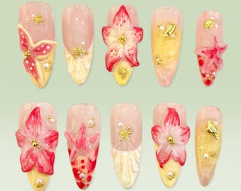 3D Floral Press On Nails | Handmade Red Flower, Pearl & Gold Charm