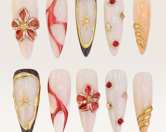 Hand-Painted Red & Gold Floral Press On Nails: 3D Flower Luxe Nail Art